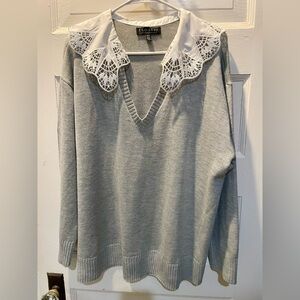 Eloquii Light Gray V-Neck Sweater with Lace Collar, Size 2XL